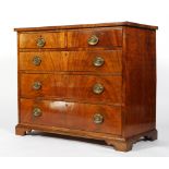 A George III mahogany chest of drawers, the crossbanded top above two short and three long drawers,