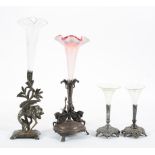 A silver plated and glass flower trumpet, the base cast as a stork,