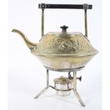 An aesthetic style silver plated kettle and stand, in the manner of Christopher Dresser,