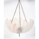 An art deco style moulded and frosted glass ceiling light, with remains of pink tinting,