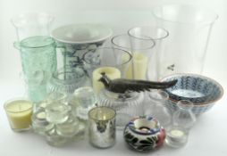 Assorted glassware and ceramics, including storm lantern style candle holders,