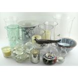 Assorted glassware and ceramics, including storm lantern style candle holders,