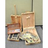 A collection of artists materials, including two portable Artists box easels,