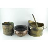 A brass coal bucket together with two other similar items