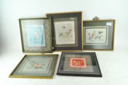 Five Chinese silk work embroidery pictures, framed and glazed,