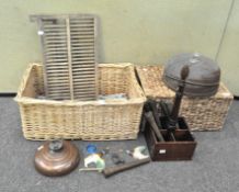 Assorted items, including wicker basket, metal mesh domes,