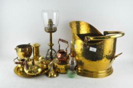 Assorted brass ware, including a coal bucket and electrified oil lamp,