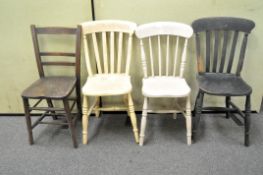 A pair of lathe back kitchen chairs and two others,