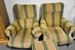 A pair of Victorian style armchairs, with striped upholstery,