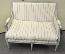 A French style canope two seat sofa with grey painted frame and striped upholstery,
