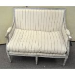 A French style canope two seat sofa with grey painted frame and striped upholstery,