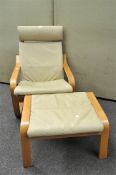 An Ikea cantilever chair and stool with cream leather effect upholstery,