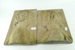 Two cast stone plaques of profile busts,