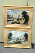 Two Victorian style paintings on glass of a windmill and a boat scene,