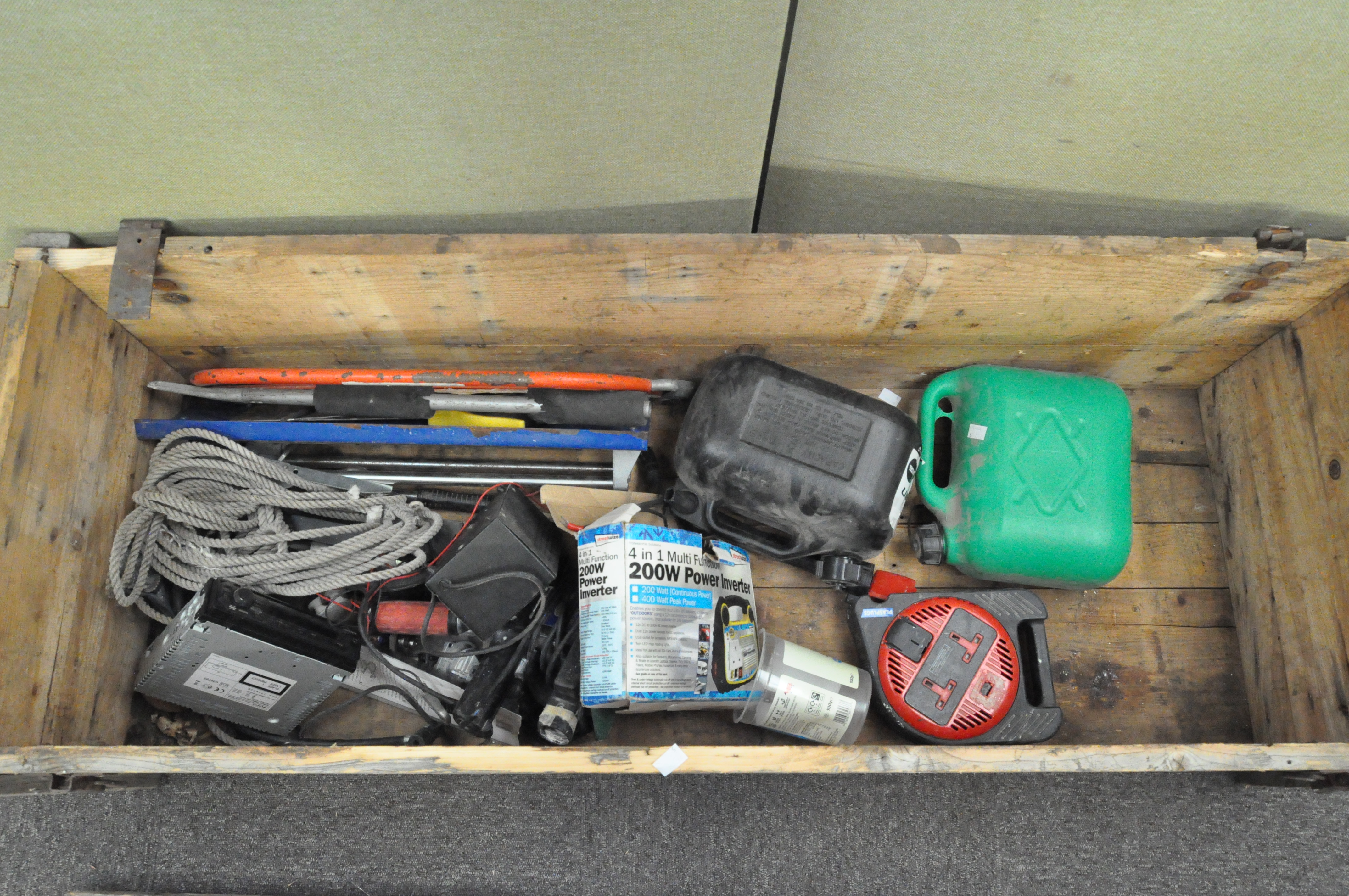 A large pine storage trunk, containing a selection of tools and petrol cans, - Image 2 of 2