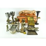 A collection of brass, copper and metalware, including: two brass Premier lamps,