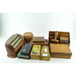 A group of cigar boxes and desk tidies, including engraved brass, tin and lnlaid boxes,