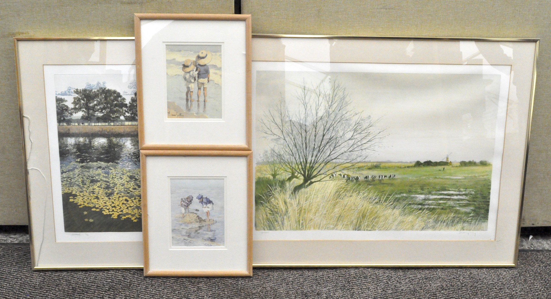 A group of four framed and glazed prints, including Wellbrook by Graham Evendon,