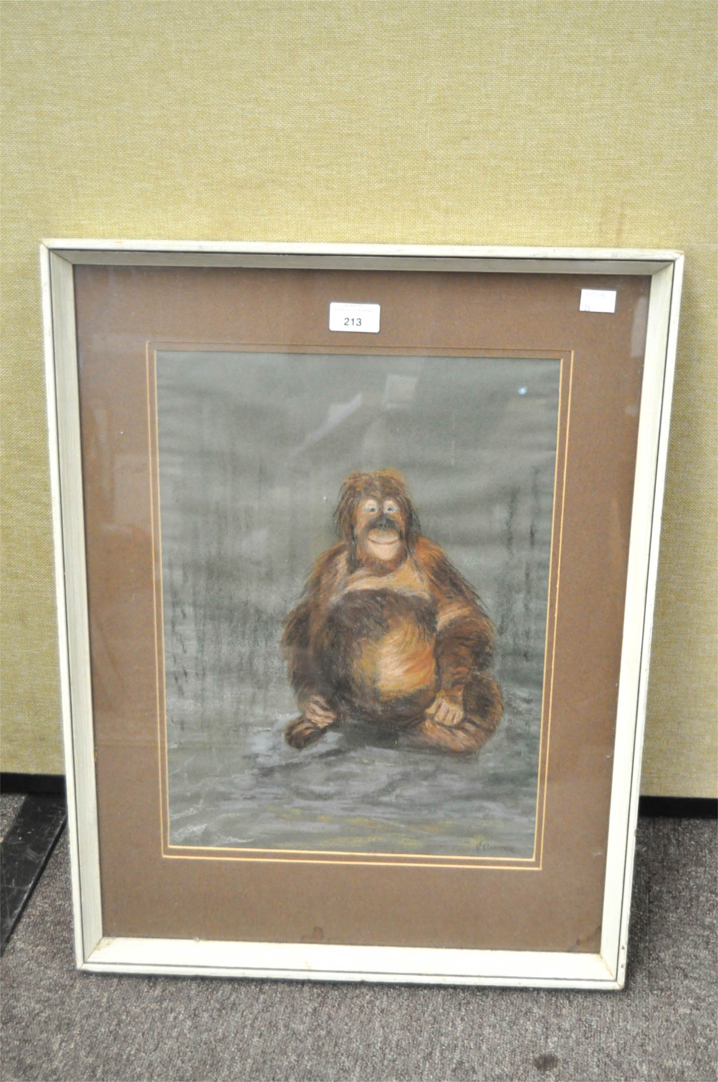 A large pastel drawing of Orangutan, titled "Satisfaction" by Vicky Baker Carter, pastel,