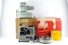 A group of three vintage projectors, including an Aldis aspheric and Eumig wein type P8,