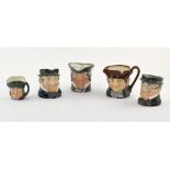 A group of five Royal Doulton character jugs, printed green marks, largest 8cm high,
