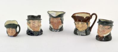 A group of five Royal Doulton character jugs, printed green marks, largest 8cm high,