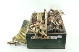 A group of architectural salvage hinges, window latches,