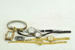 An Art Deco style rolled gold wrist watch and four other ladies wrist watches