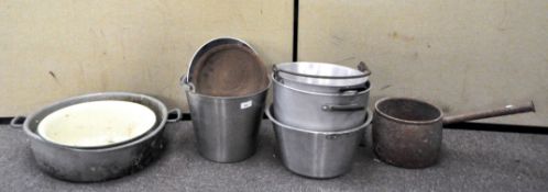 A parcel of aluminum and enamel cooking pots and jam pans,