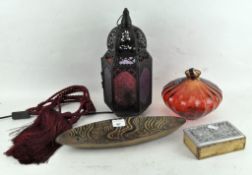 Assorted items, including a table lamp,