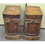 A pair of Victorian walnut bedside cabinets, each curved fronted example carved with fan ornament,