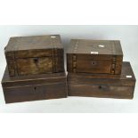 Four Victorian mahogany or walnut work boxes, late 19th century,