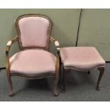 A modern French Louis XV style fauteuil and a similarly upholstered footstool, each in pink damask,