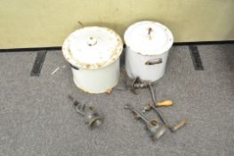 Two vintage enamel lidded pots, one marked flour, largest 26cm high,