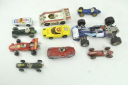 A selection of die cast model vehicles, including Corgi, Porche, Audi, racer Dinky toys,