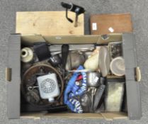 A selection of metalware and other items, to include a wooden box,