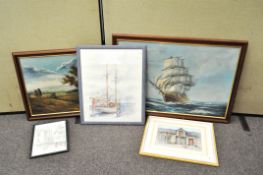 Hydan, Three masted ship in full sail, oil on canvas, 60cm x 90cm; Gerald Gabb, Welsh Barns, pastel,