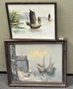 Two framed oil maritime paintings, the first probably Chinese, oil on board,