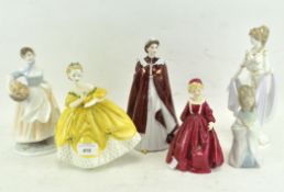 A collection of Royal Doulton, Royal Worcester and Lladro figures, including Queen Elizabeth II,