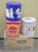 A collection of vintage tins, including Tetley tea,