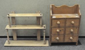 A pine shelf and pine shelf of drawers, comprising six single draws,