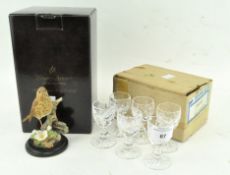 A Country Artist model of a Thrush with blossom, boxed, and a set of six cut-glass sherry glasses,