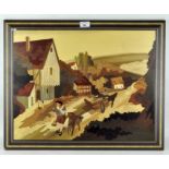 An inlaid marquetry wall hanging panel depicting a traditional country scene,