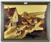 An inlaid marquetry wall hanging panel depicting a traditional country scene,