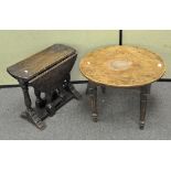 A small folding stained oak drop leaf circular table and another,