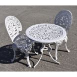 A white painted metal garden table, 64cm high x 68cm diameter,