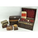 A collection of boxes, including a Victorian walnut workbox, a cigar box,