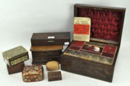 A collection of boxes, including a Victorian walnut workbox, a cigar box,