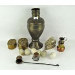 A selection of assorted brass ware, including an iron, embossed vase and more,