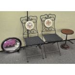 A pair of metal folding garden chair together with a mahogany oval mirror and a small occasional